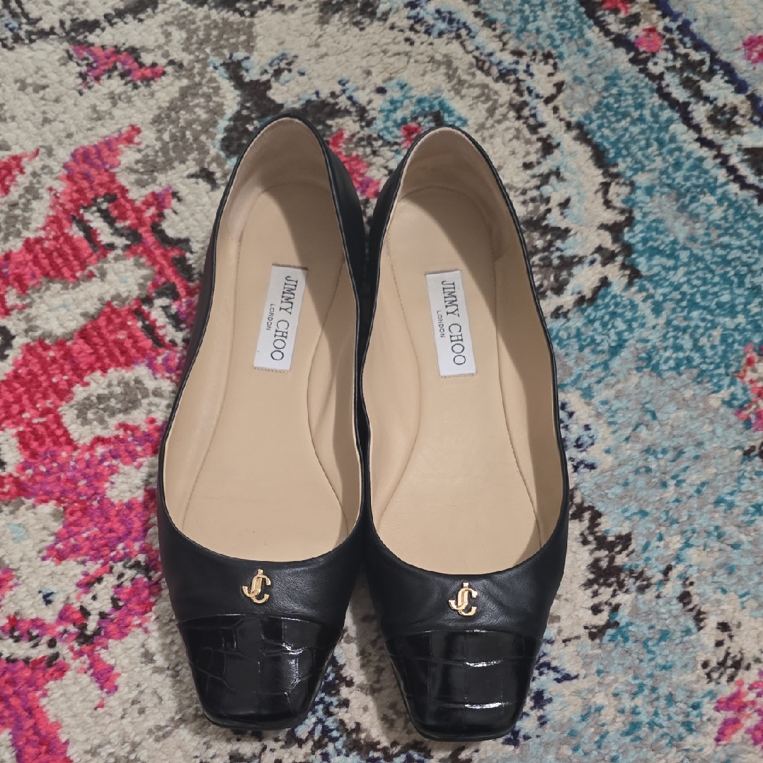 Jimmy Choo Leni Black Leather Flats With Gold Accent 41
